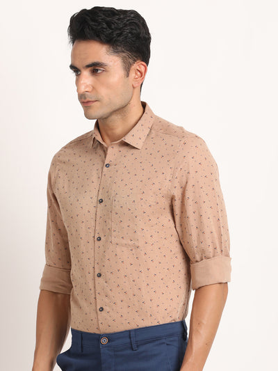 Cotton Linen Khaki Printed Slim Fit Full Sleeve Formal Shirt