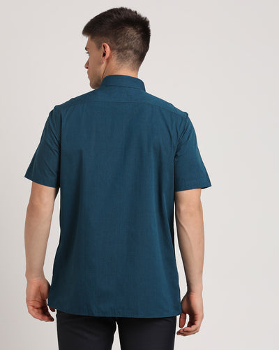 100% Cotton Blue Plain Regular Fit Half Sleeve Formal Shirt