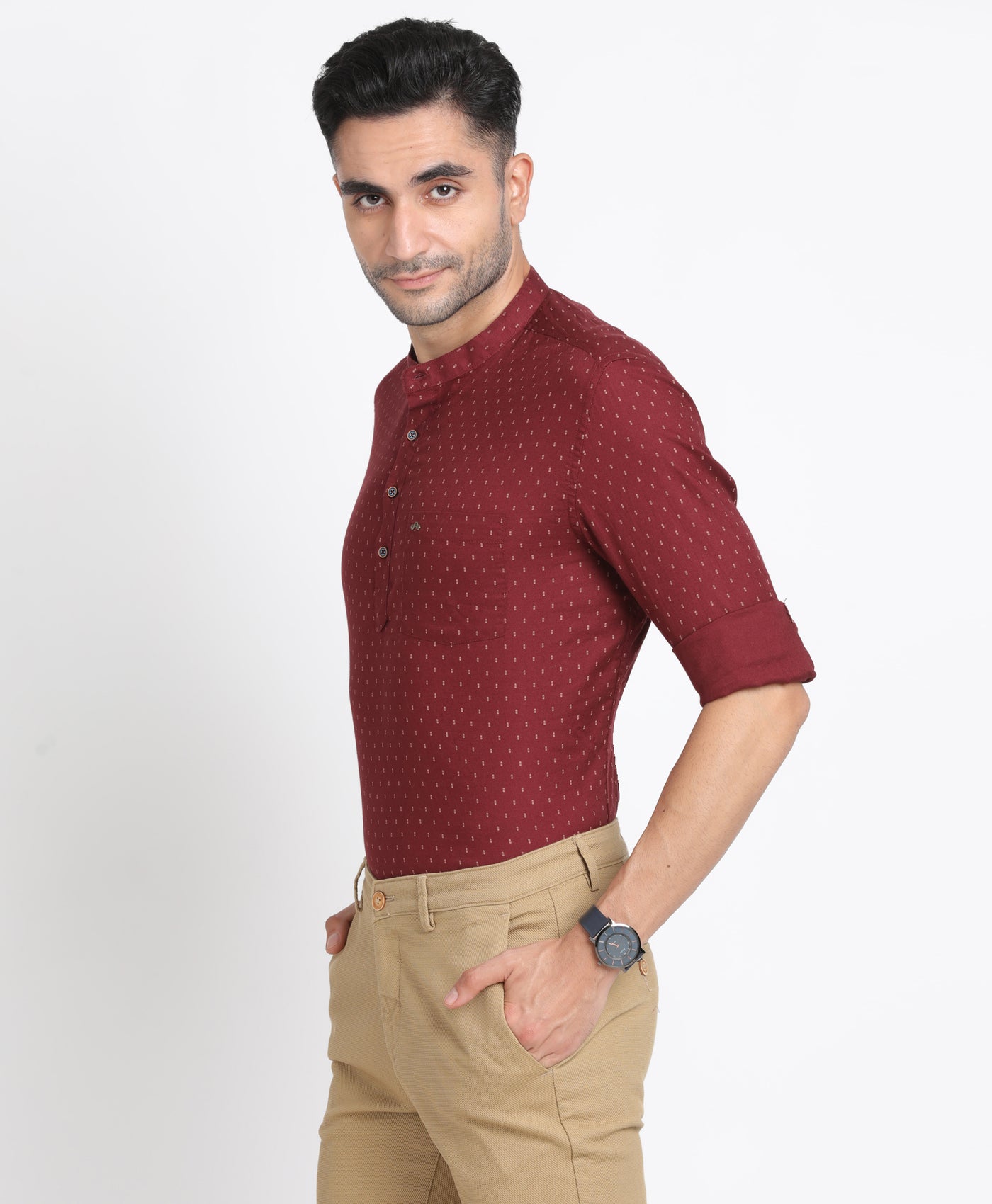 100% Cotton Maroon Printed Kurta Full Sleeve Casual Shirt