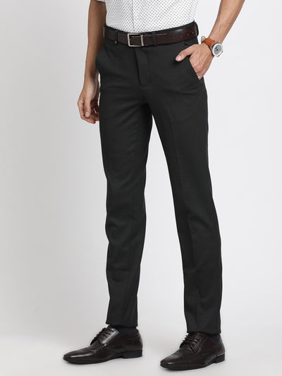 Poly Viscose Stretch Black Dobby Slim Fit Flat Front Formal Trouser