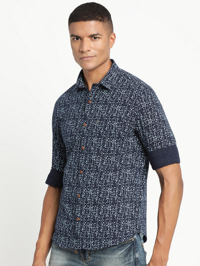 Khadi Navy Blue Printed Slim Fit Full Sleeve Casual Shirt