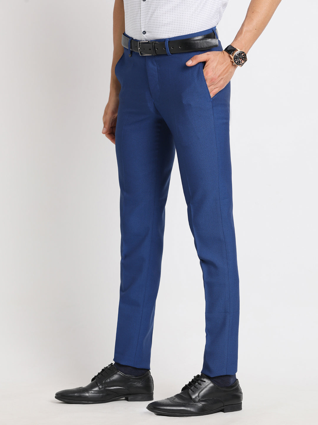 Poly Viscose Stretch Blue Dobby Ultra Slim Fit Flat Front Ceremonial Trouser