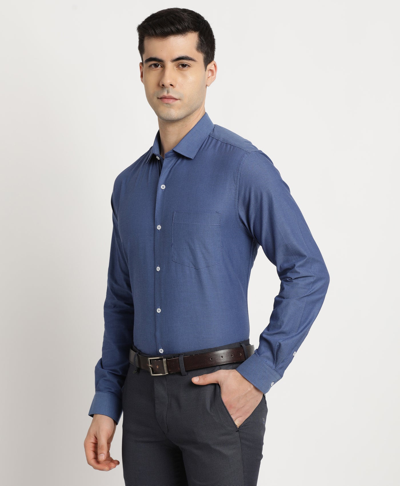 100% Cotton Navy Blue Dobby Slim Fit Full Sleeve Formal Shirt