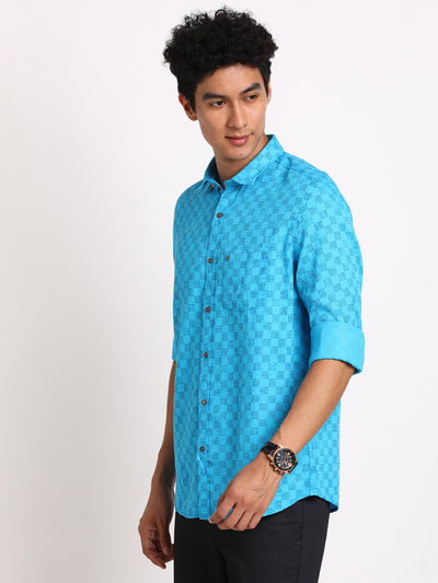 100% Cotton Light Blue Printed Slim Fit Full Sleeve Casual Shirt