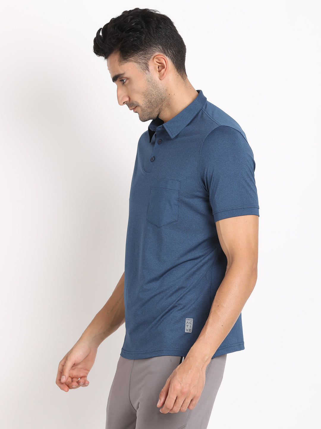 Poly Spandex Melange Blue Plain Polo Neck Half Sleeve Active Essential T-Shirt