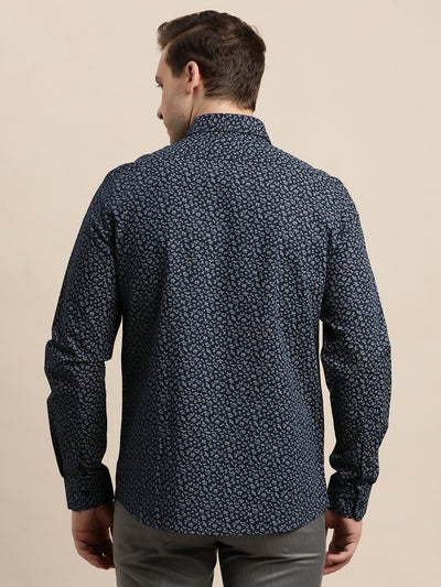 Cotton Linen Dark Blue Printed Slim Fit Full Sleeve Formal Shirt