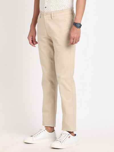 Cotton Stretch Beige Dobby Ultra Slim Fit Flat Front Casual Trouser