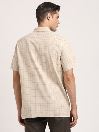 100% Cotton Beige Checkered Regular Fit Half Sleeve Formal Shirt