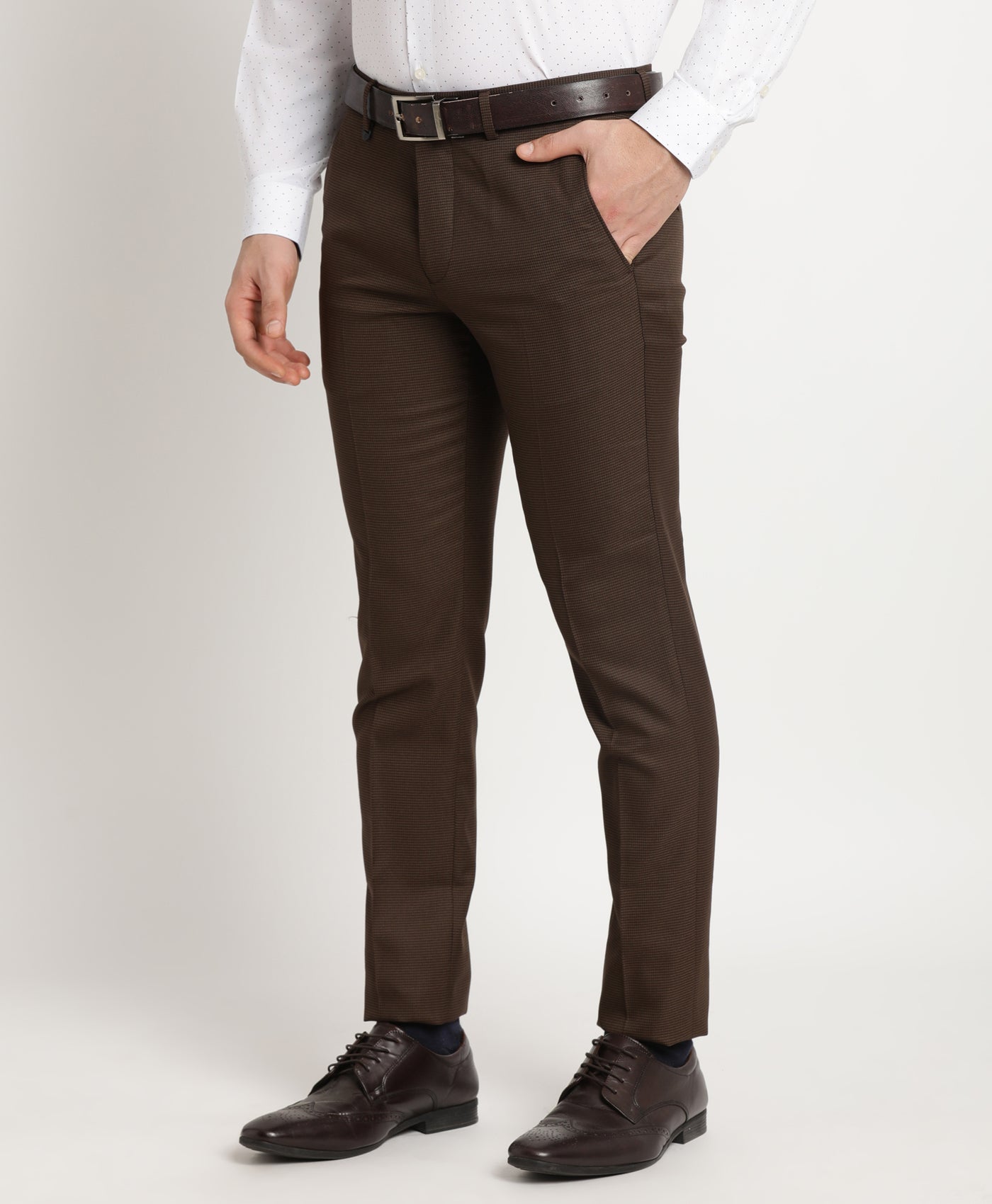 Poly Viscose Brown Dobby Ultra Slim Fit Flat Front Formal Trouser