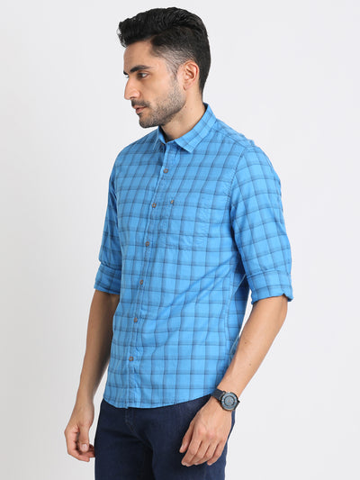 100% Cotton Sky Blue Checkered Slim Fit Full Sleeve Casual Shirt