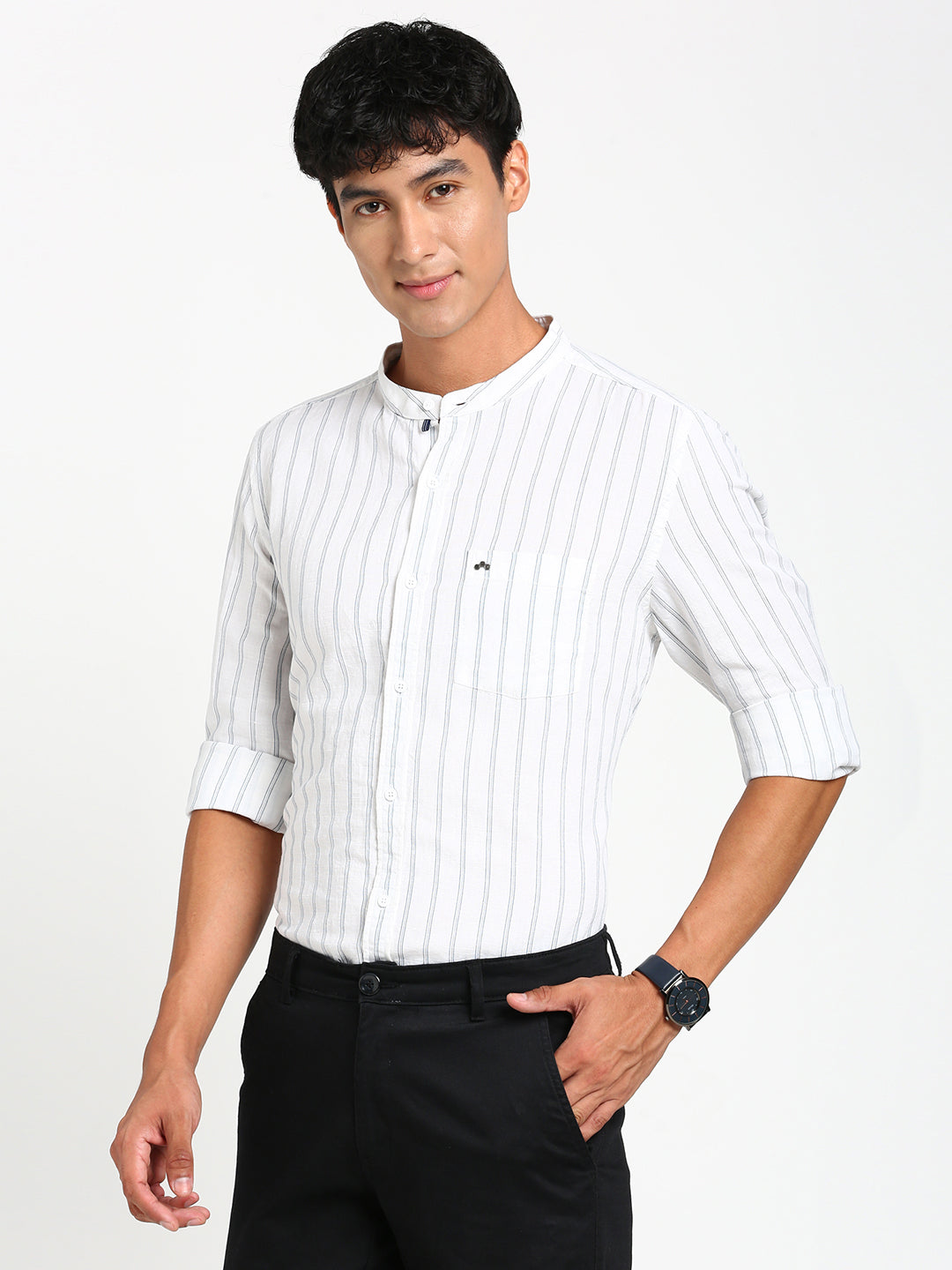 Cotton Linen White Striped Slim Fit Full Sleeve Casual Shirt