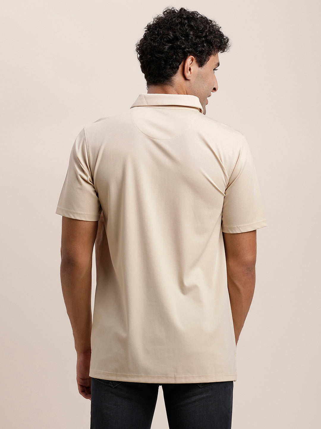 Cotton Plain Beige Polo Neck T-Shirt