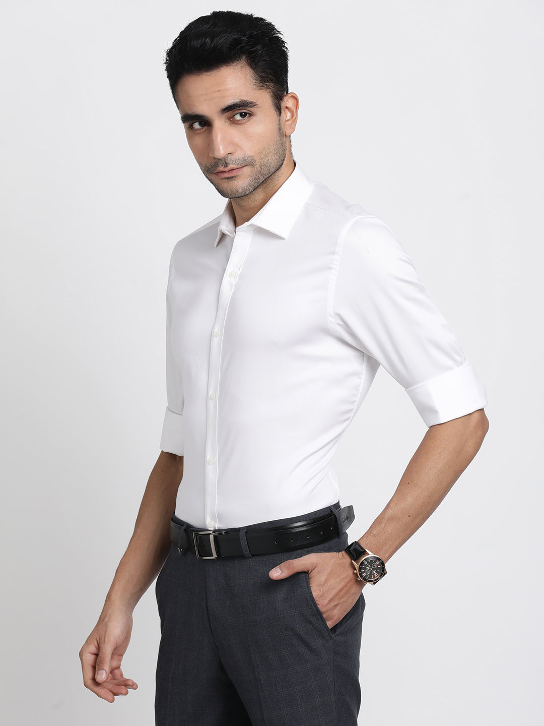 Cotton Stretch White Plain Slim Fit Full Sleeve Ceremonial Shirt