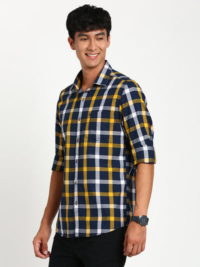 100% Cotton Navy Blue Checkered Slim Fit Full Sleeve Casual Shirt