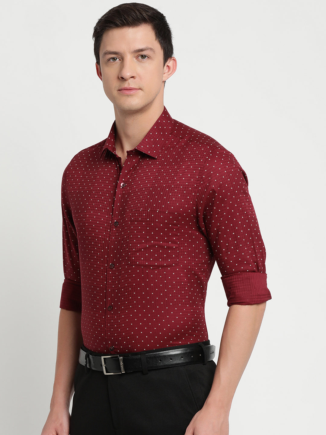 100% Cotton Maroon Printed Regular Fit Full Sleeve Formal Shirt