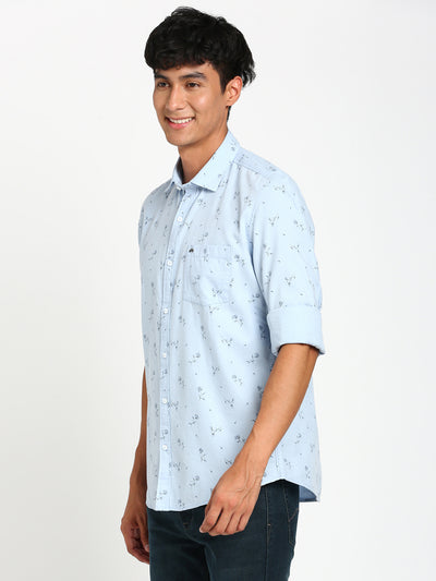 Cotton Tencel Blue Printed Slim Fit Full Sleeve Casual Shirt