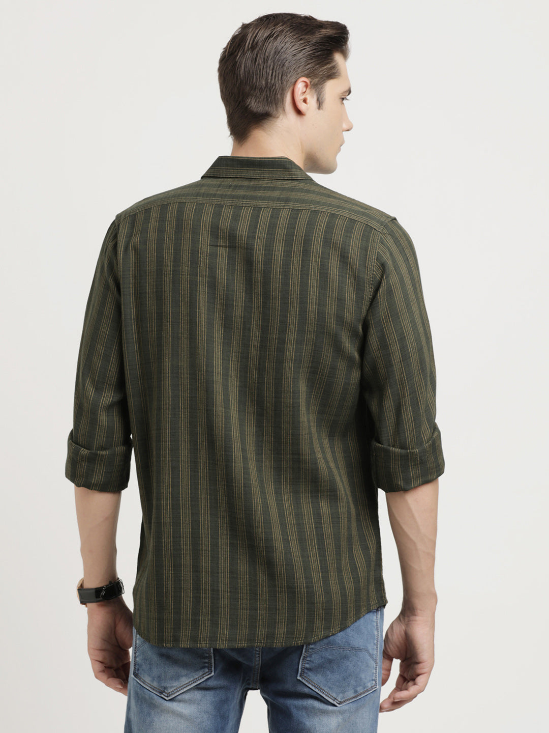 100% Cotton Green Striped Slim Fit Full Sleeve Casual Shirt