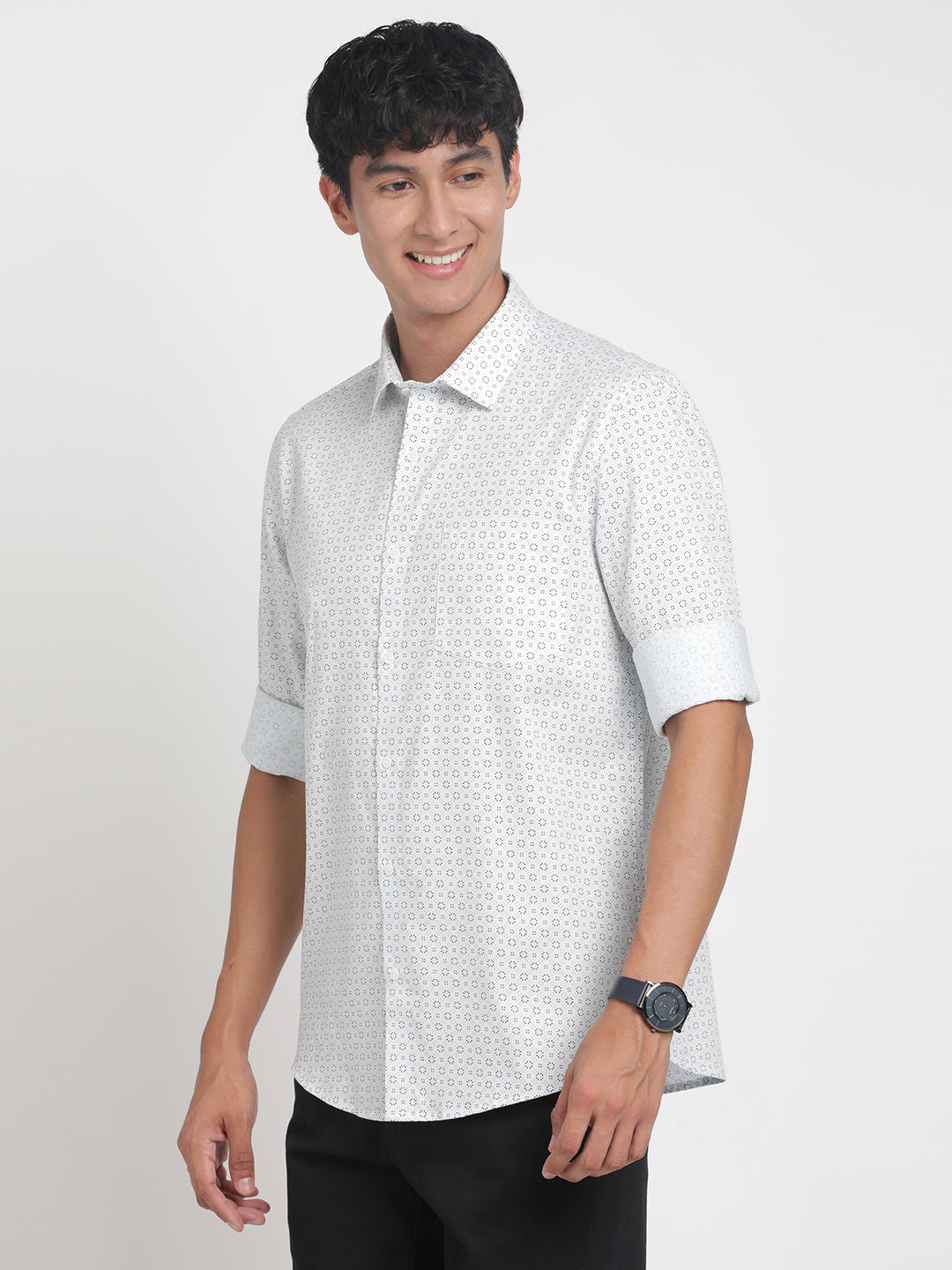 100% Cotton White Printed Slim Fit Full Sleeve Formal Shirt