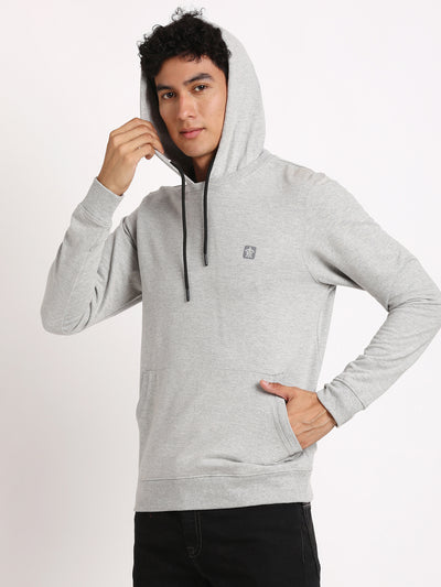 Poly Cotton Grey Melange Plain Regular Fit Full Sleeve Casual Hooded Sweatshirt