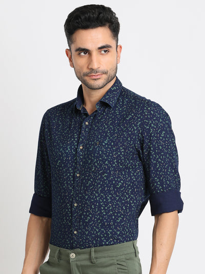 100% Cotton Indigo Navy Blue Printed Slim Fit Full Sleeve Casual Shirt