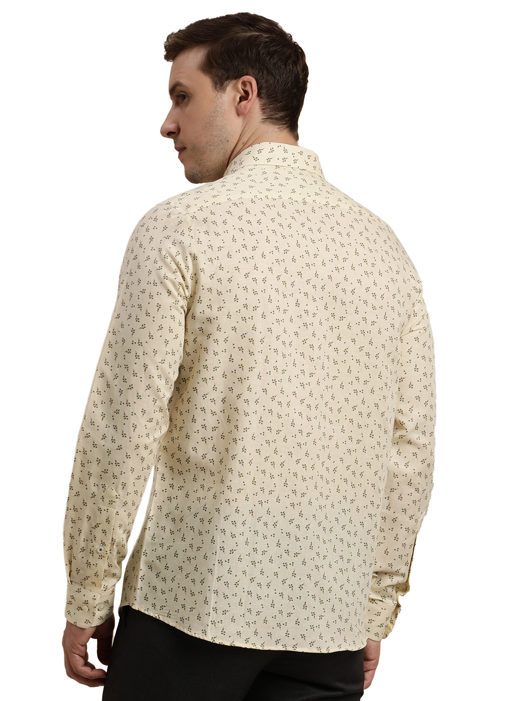 Cotton Linen Cream Printed Slim Fit Full Sleeve Formal Shirt