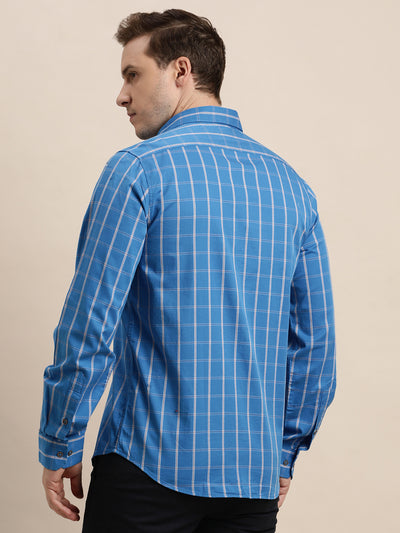 100% Cotton Blue Checkered Slim Fit Full Sleeve Casual Shirt