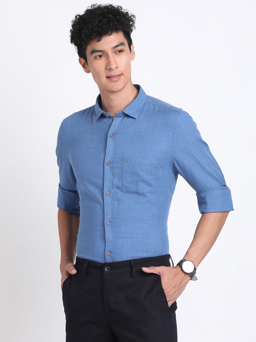 Cotton Lyocell Blue Plain Slim Fit Full Sleeve Casual Shirt