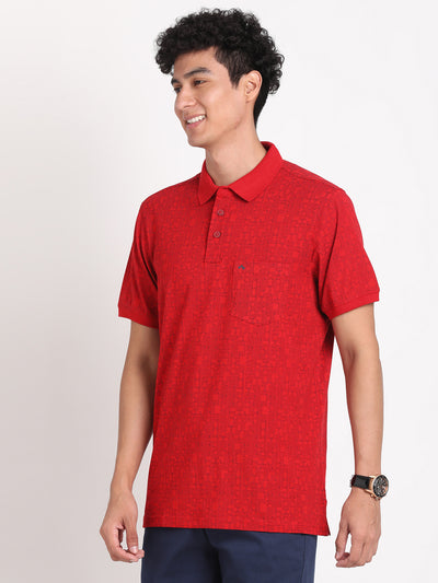 Cotton Stretch Red Printed Polo Neck Half Sleeve Casual T-Shirt