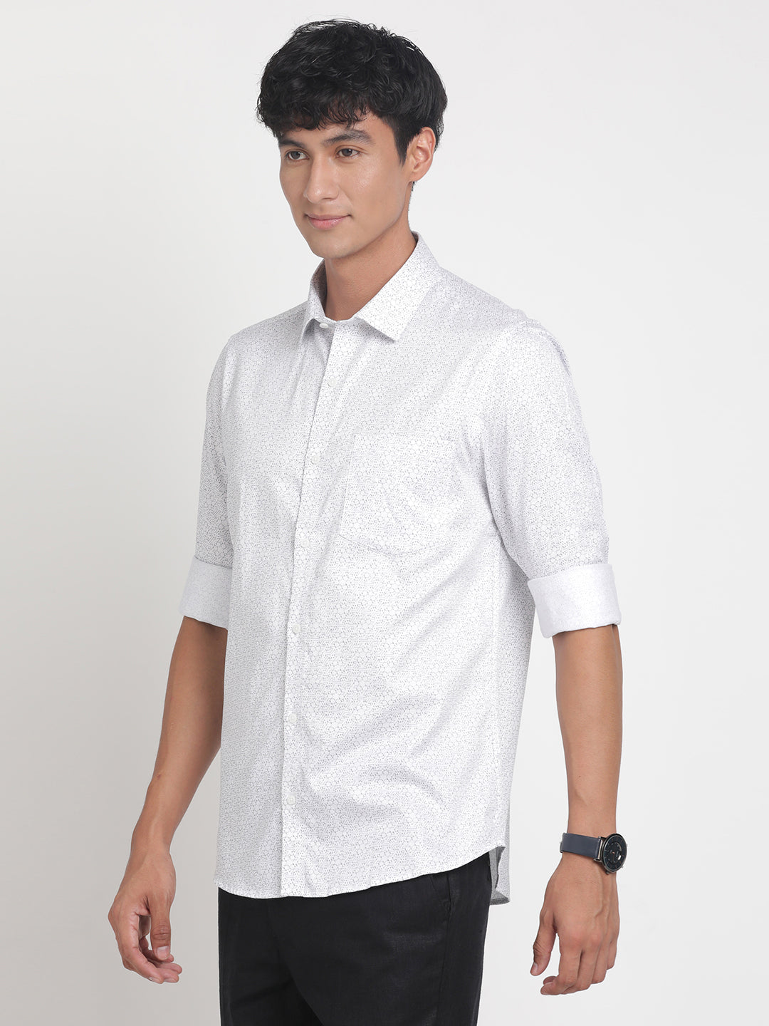 100% Cotton White Printed Slim Fit Full Sleeve Formal Shirt