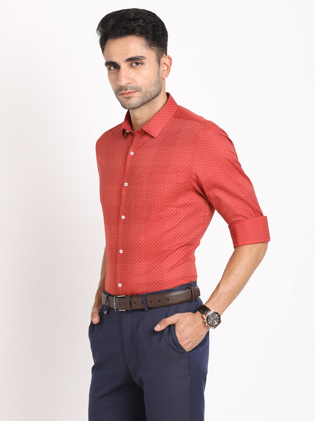 Cotton Tencel Red Printed Slim Fit Full Sleeve Formal Shirt