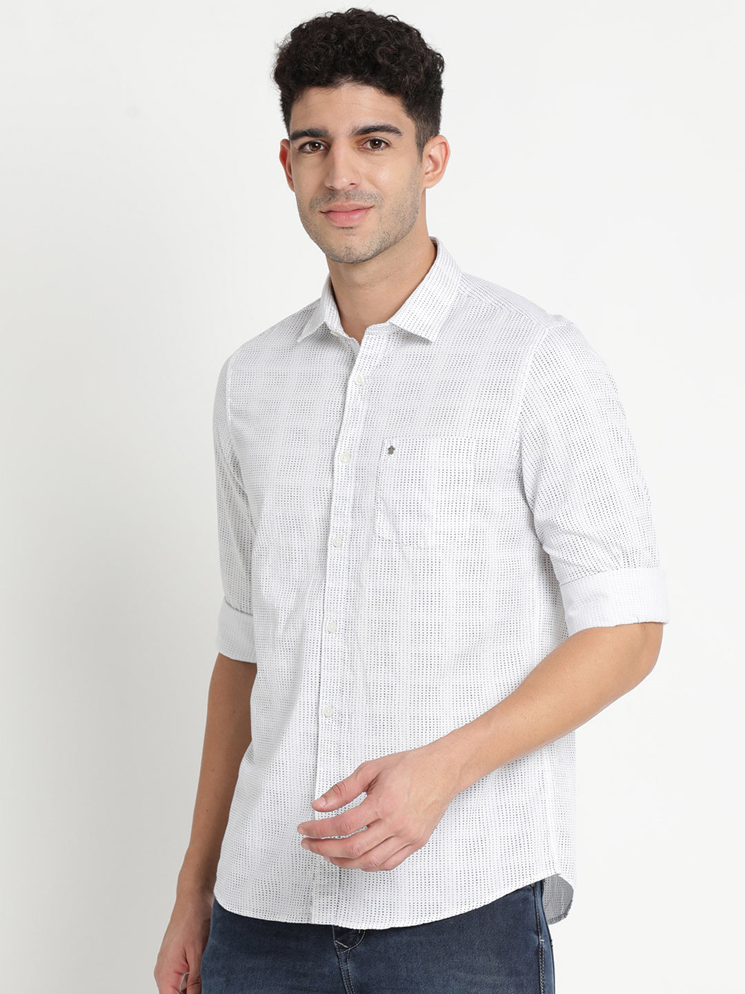 100% Cotton White Printed Slim Fit Full Sleeve Casual Shirt