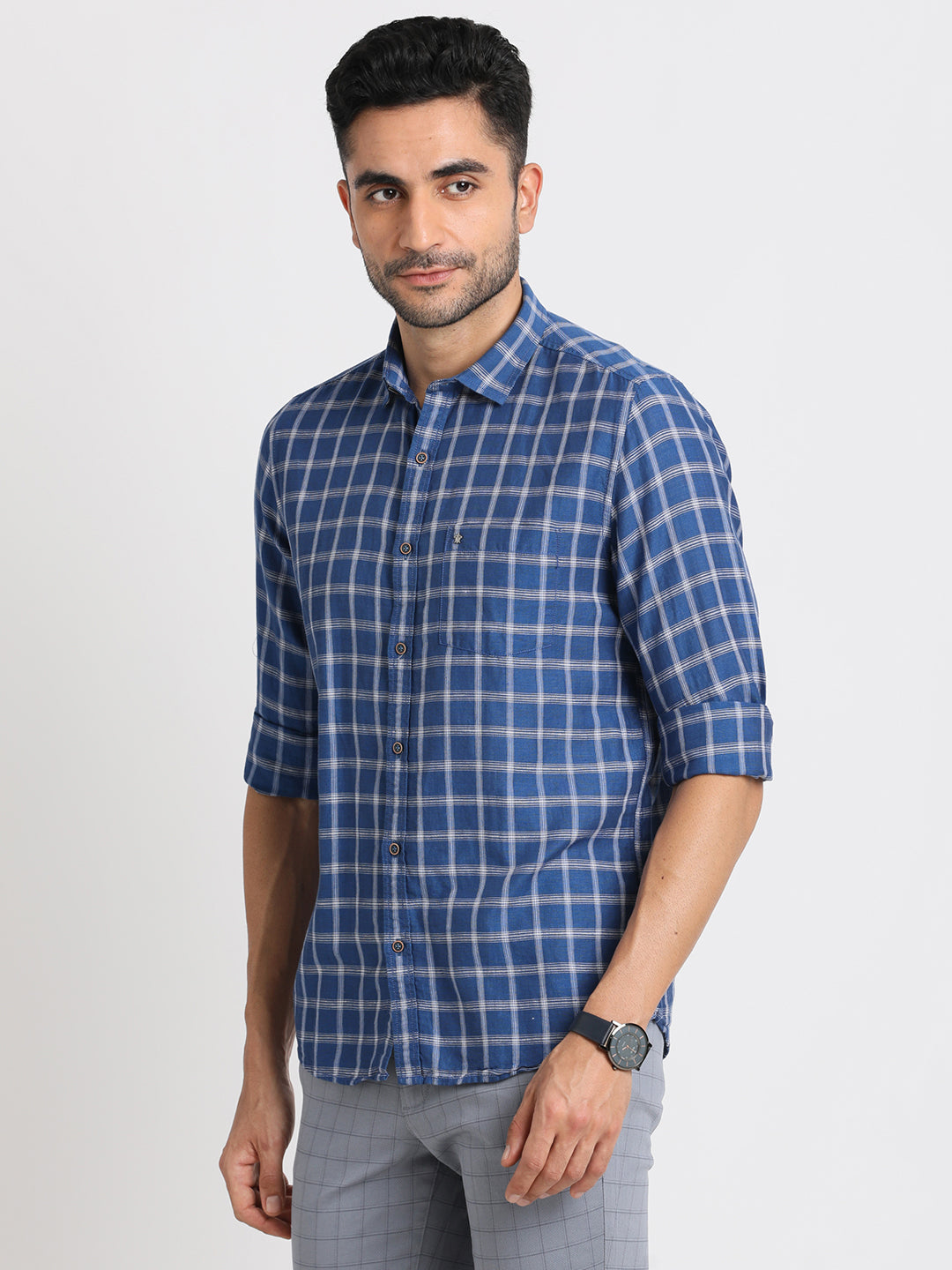 Cotton Linen Blue Checkered Slim Fit Full Sleeve Casual Shirt