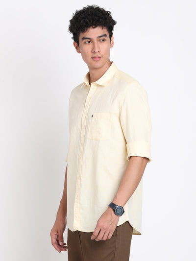 Cotton Linen Yellow Plain Slim Fit Full Sleeve Casual Shirt