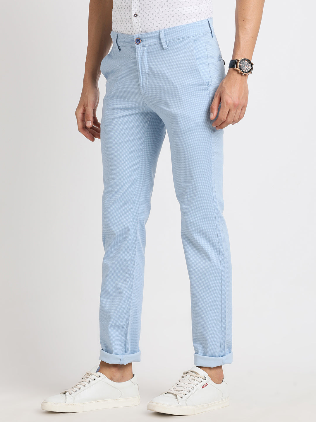 Cotton Stretch Sky Blue Printed Ultra Slim Fit Flat Front Casual Trouser