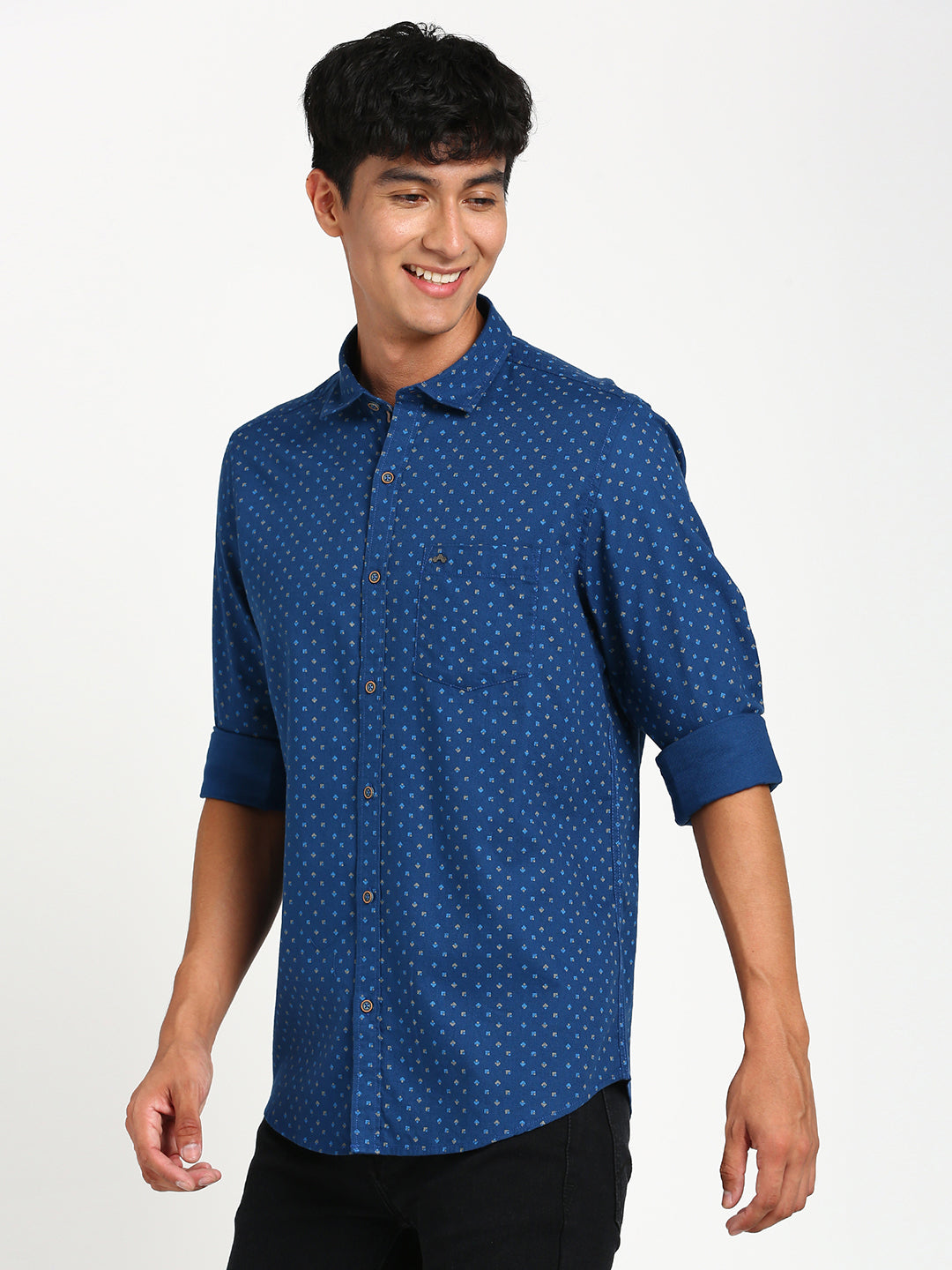 100% Cotton Blue Printed Slim Fit Full Sleeve Casual Shirt