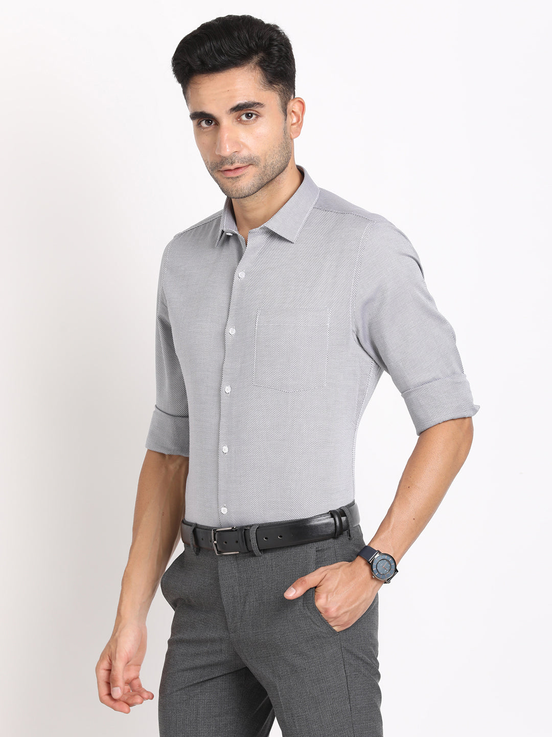 100% Cotton Grey Dobby Slim Fit Full Sleeve Formal Shirt