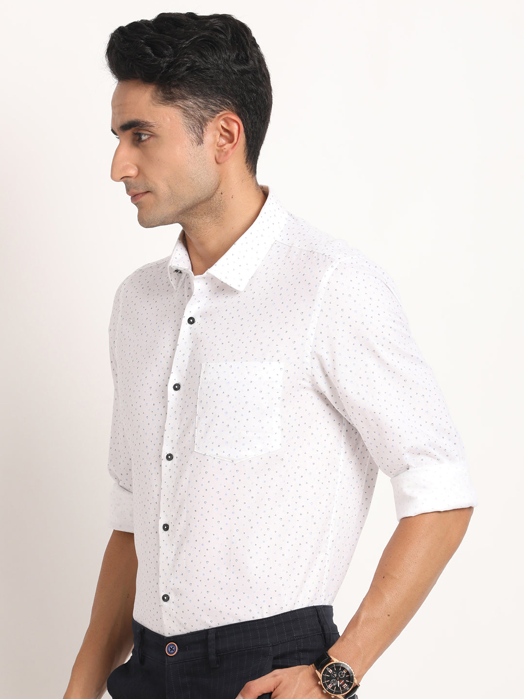 100% Cotton White Printed Slim Fit Full Sleeve Formal Shirt