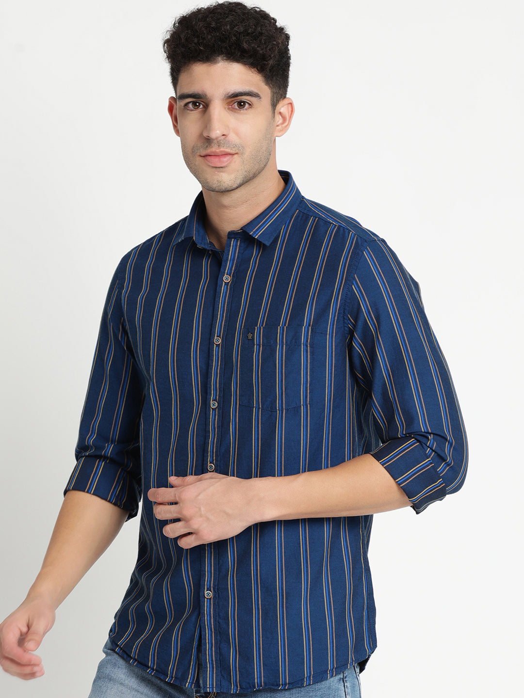 100% Cotton Navy Blue Striped Slim Fit Full Sleeve Casual Shirt