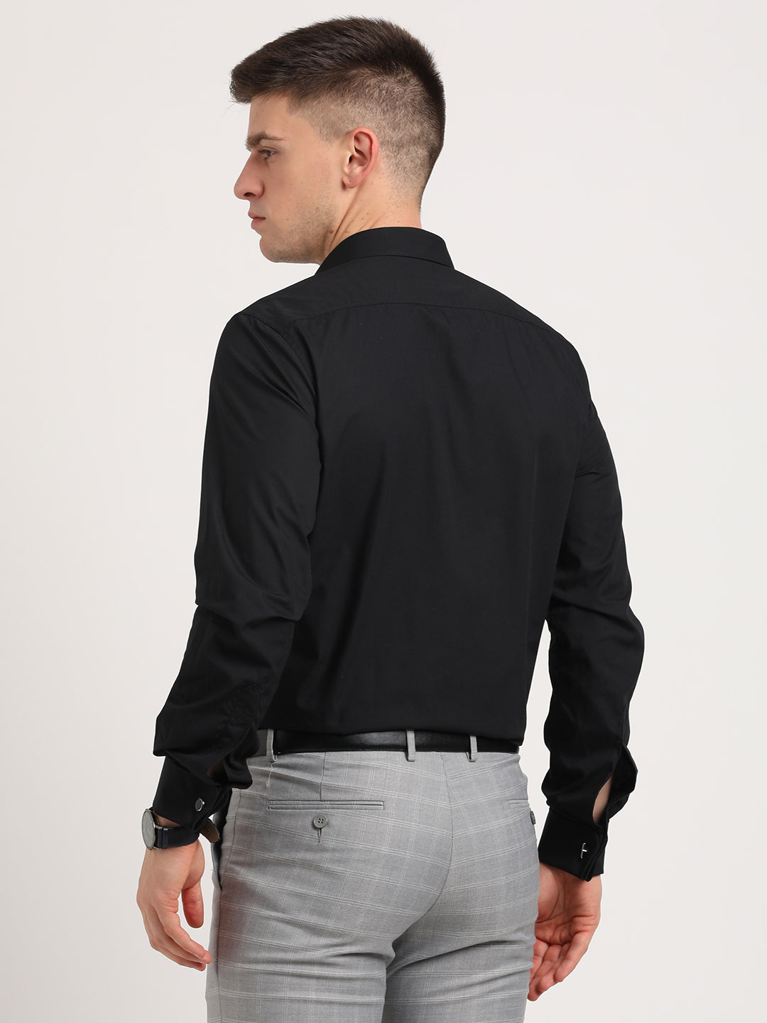 100% Cotton Black Plain Slim Fit Double Cuff Formal Shirt