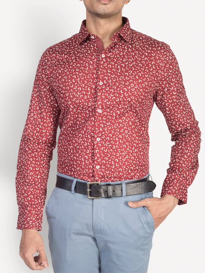 100% Cotton Maroon Printed Slim Fit Full Sleeve Formal Shirt