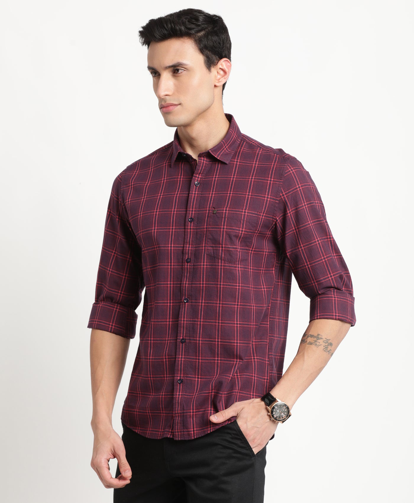 100% Cotton Maroon Checkered Slim Fit Full Sleeve Casual Shirt