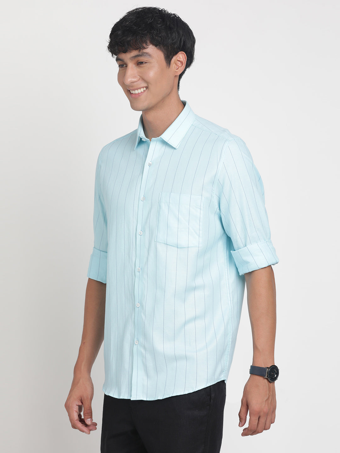 100% Cotton Sky Blue Striped Slim Fit Full Sleeve Formal Shirt