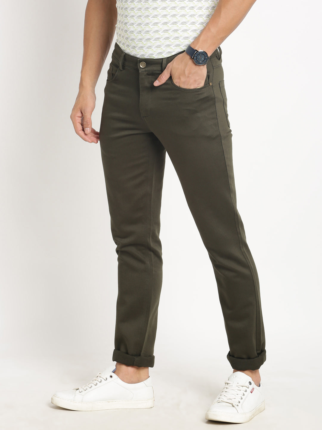 Cotton Stretch Olive Plain Narrow Fit Flat Front Casual Jeans