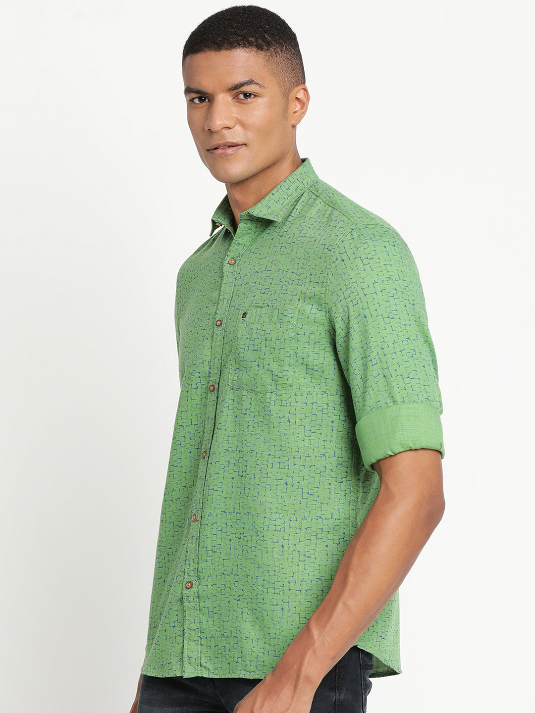 100% Cotton Green Printed Slim Fit Full Sleeve Casual Shirt