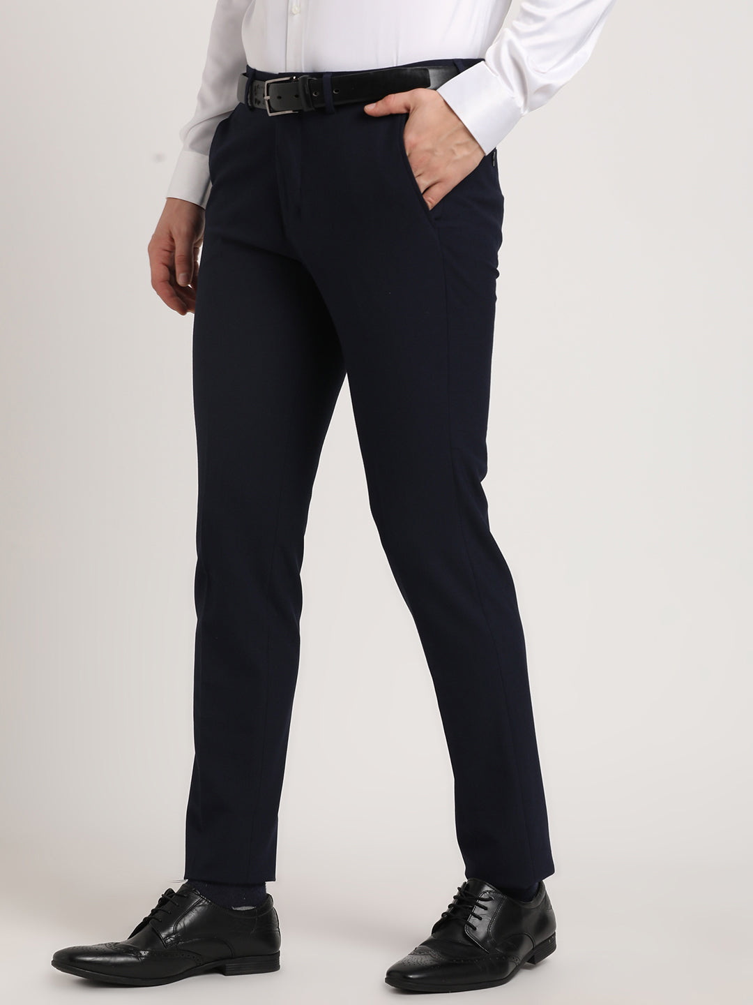 Poly Viscose Navy Blue Plain Slim Fit Flat Front Ceremonial Trouser