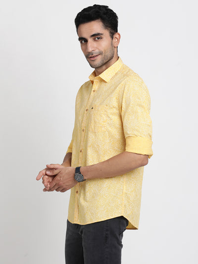 100% Cotton Yellow Printed Slim Fit Full Sleeve Casual Shirt