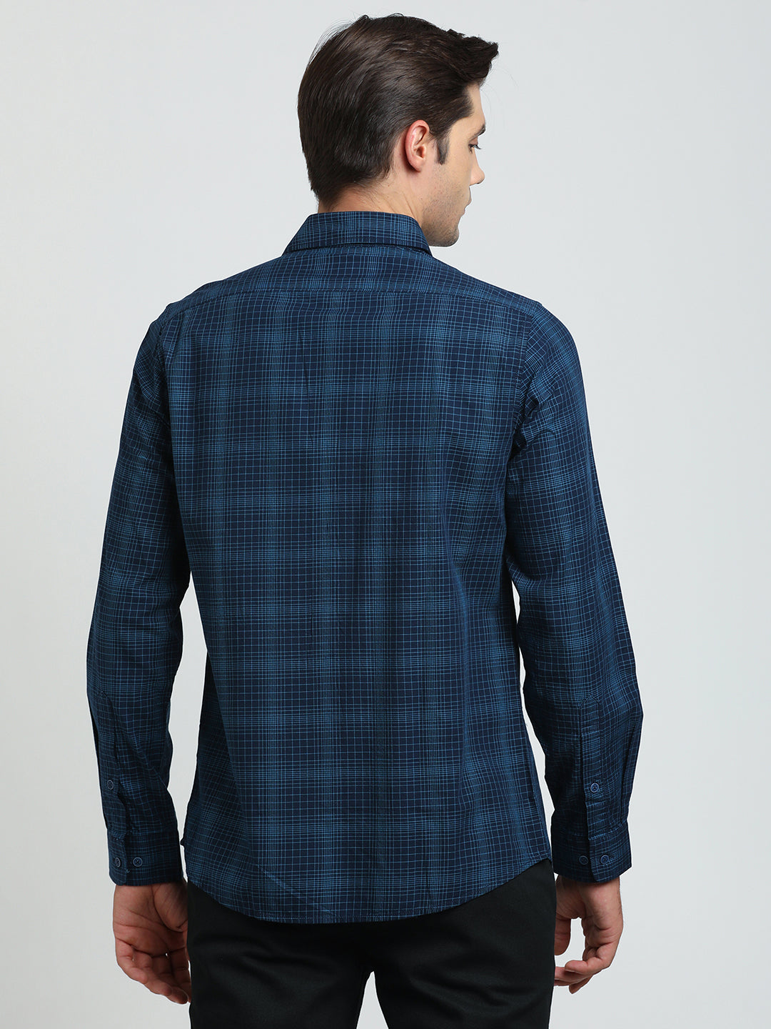 100% Cotton Navy Blue Checkered Slim Fit Full Sleeve Casual Shirt