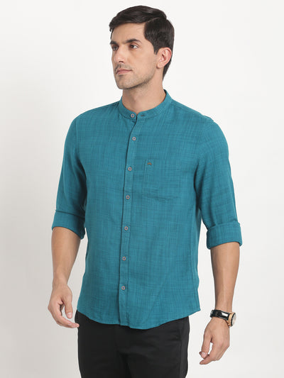 Cotton Lyocell Turquoise Blue Plain Slim Fit Mandarin Collar Casual Shirt