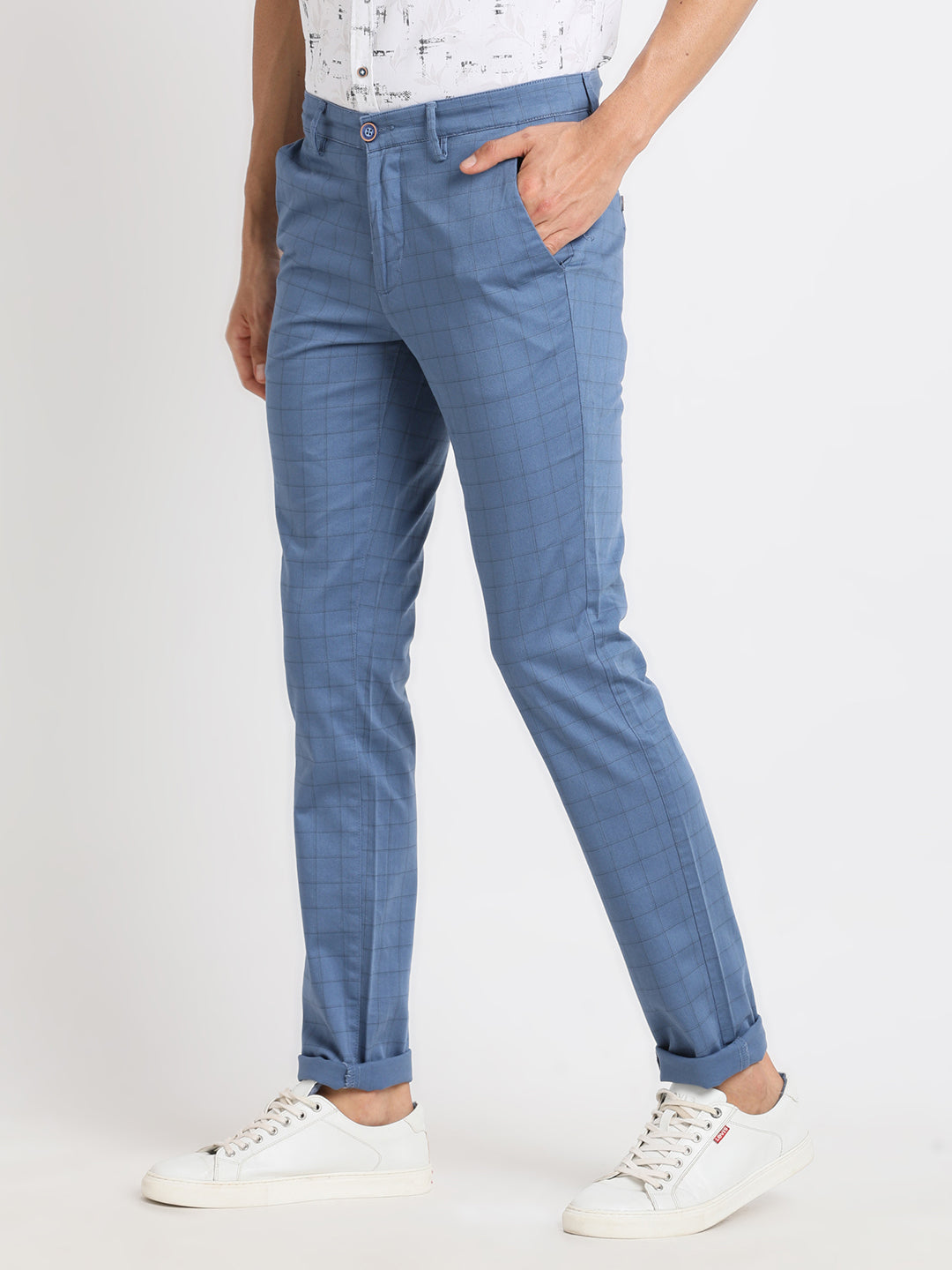 Cotton Stretch Blue Checkered Narrow Fit Flat Front Casual Trouser