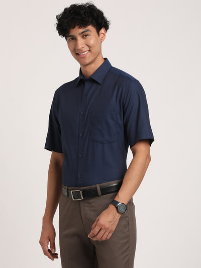 100% Cotton Navy Blue Dobby Regular Fit Half Sleeve Formal Shirt